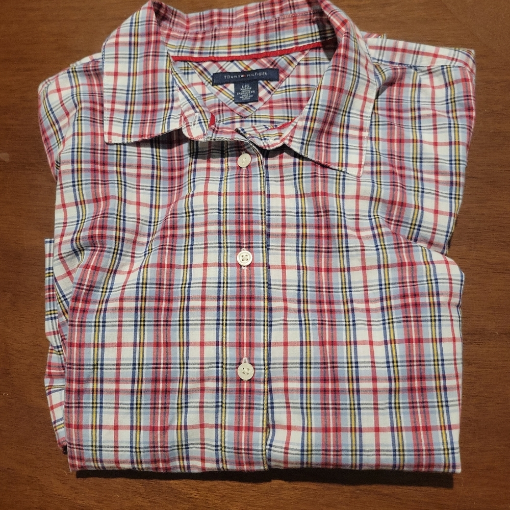 Tommy Hilfiger Men’s Shirt Long Sleeve Button-Down Size L/G Plaid NWT Red/white - Picture 1 of 7